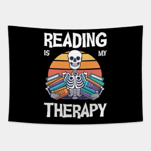 Vintage retro skeleton holding books reading is my therapy Tapestry