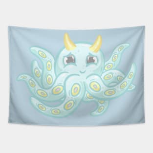 Cute Happy Blue Kawaii Octopus Cartoon Character Tapestry