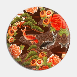 RED BLACK CATFISHES IN MOONLIGHT Kimono Style Antique Japanese Floral Pin