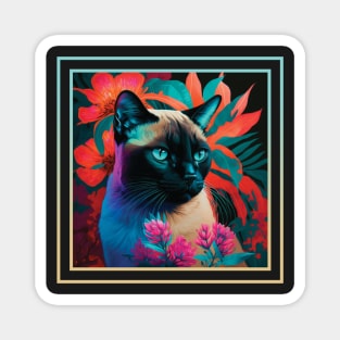 Sneezy Siamese Cat Vibrant Tropical Flower Digital Oil Painting Portrait Magnet