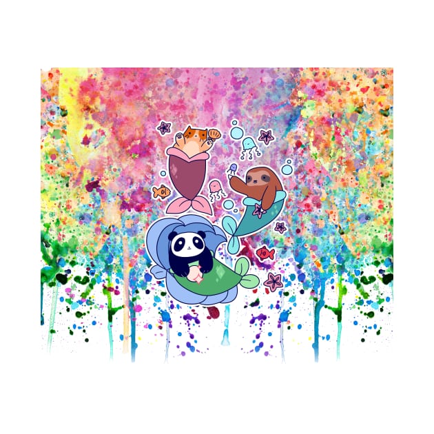 Mermaid Cat Sloth and Panda - Rainbow Paint by saradaboru