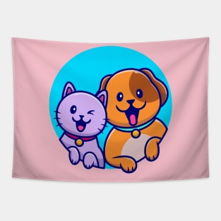 Cute Dog And Cute Cat Cartoon Tapestry