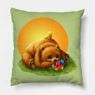 Cute Grizzly Bear and Yellow Bird in Sunset Pillow