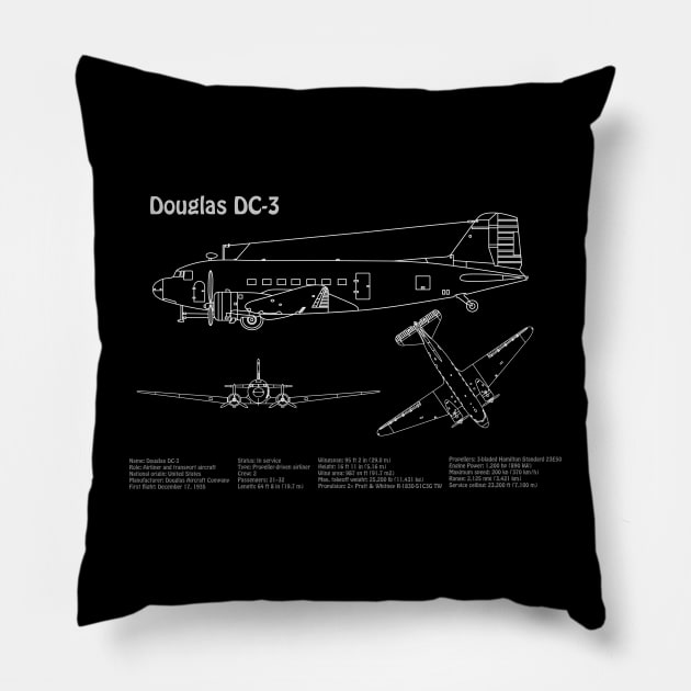 Douglas DC-3 - Airplane Blueprint - PDpng Pillow by SPJE Illustration Photography