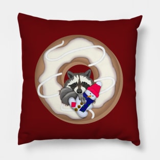 Raccoon with Snowman and Donut. Christmas design. Pillow