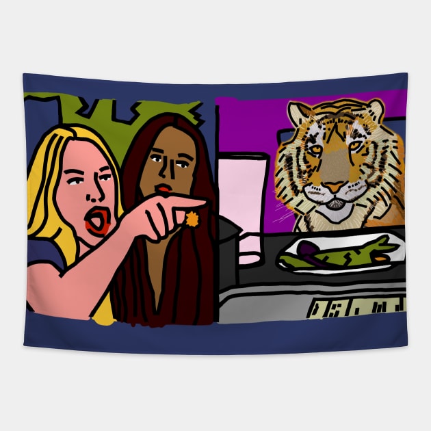 Woman Yelling at Cat Meme with a Tiger Tapestry by ellenhenryart