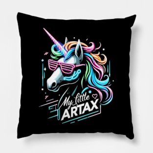 Neon unicorn artwork, futuristic mood, black style, wearing sunglasses, My little artax Pillow