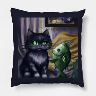 Cat and Fish Decide to Try Out a Roommate Situation Pillow