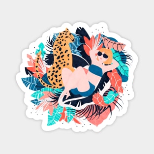 Yellow Hair Girl Sunbathing with Cheetah and Tropical Leaves and Flowers Magnet