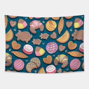 Mexican Sweet Bakery Frenzy // pattern // turquoise background pastel colors pan dulce Tapestry