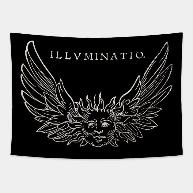 ILLUMINATIO Winged Sun Woodcut Retro Distressed Art Tapestry by ClothedCircuit