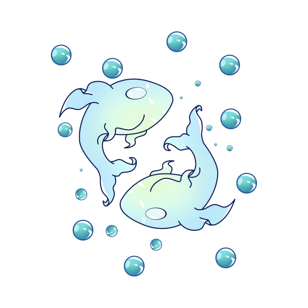 Two Kawaii Light Blue Fish with Bubbles by KawaiiForYou