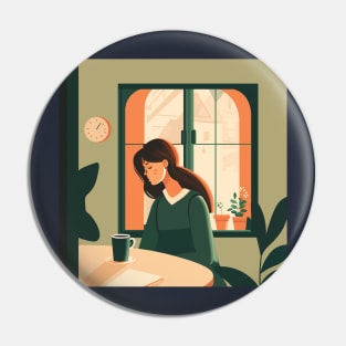 Illustration of handsome woman sitting with cup of coffee near window with view of city Pin