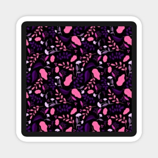 Pattern with colourful autumn leaves and flowers in neon pink and black background Magnet