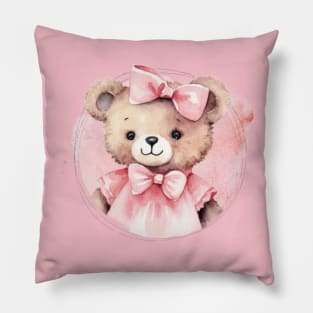 Cute Teddy Bear Baby Girl With A Pink Bowtie Pillow