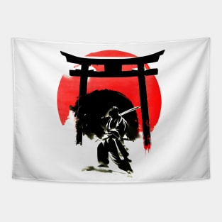 Japanese torrii shinto gate with ninja sumi e painting Tapestry