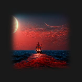 Sailing Ship In Red Glowing Ocean T-Shirt