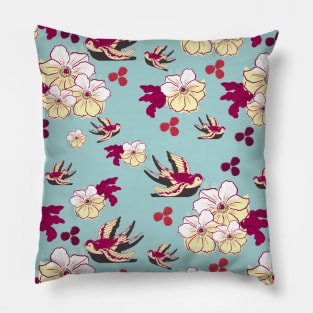 Floral Fuchsia, Yellow & White Flowers and Birds on Teal Pillow