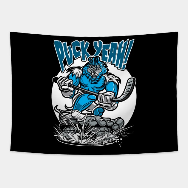 Puck Yeah Yeti Hockey Player Mascot Tapestry by eShirtLabs