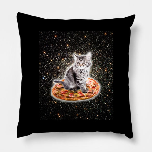 Galaxy Kitty Cat Riding Pizza In Space Pillow by Random Galaxy