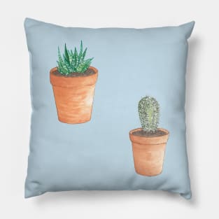 Cute Little Succulent Plant and Cactus in Terracotta Pots Hand Drawn in Watercolor and Ink Pillow