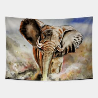 elephant runs across the savannah Tapestry