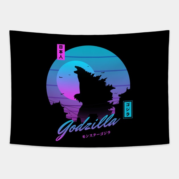 Godzilla sunset Tapestry by mrcatguys