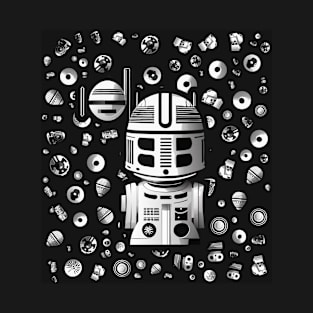 Monochrome Robotic Encounter: Sci-Fi Space Art T-Shirt