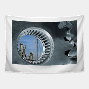 Oil refinery seen through industrial gears (F018/5210) Tapestry