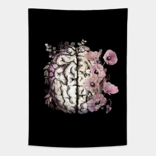 Brain with Pink poppy, psychology, mental health, front brain, vintage watercolor Tapestry