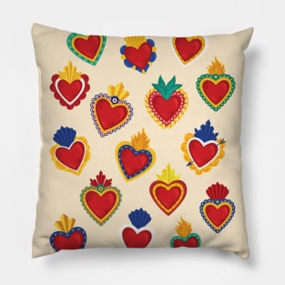 Mexican Sacred Hearts Pattern / Beige Background by Akbaly Pillow