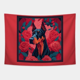 Dogs, doberman and flowers, dog, seamless print, style vector (red version doberman) Tapestry