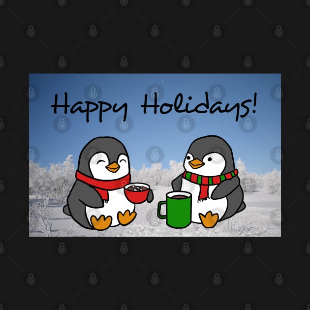 Christmas Penguins Enjoying Hot Cocoa with Christmas Tree Card by Elizabeths-Arts