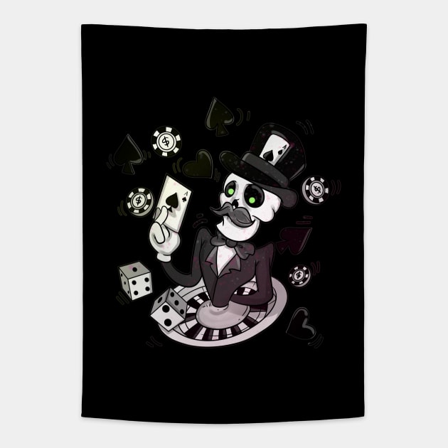 Skeleton Casino Blackjack Dealing Poker Playing Skull Tapestry by Trendy Black Sheep