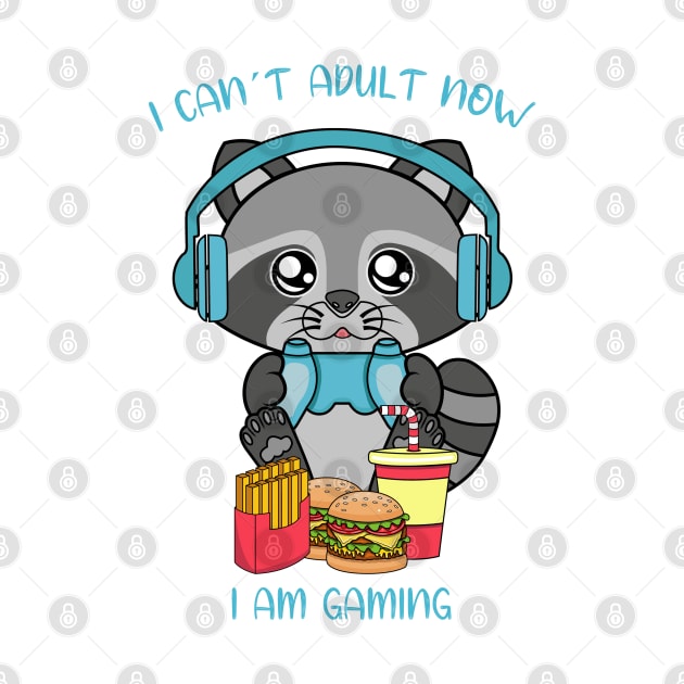 I cant adult now i am gaming, cute raccoon by JS ARTE