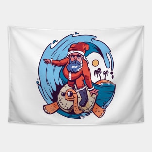 Santa Claus Surfing Turtle Tapestry