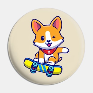 Cute Corgi Dog Playing Skateboard Cartoon Pin