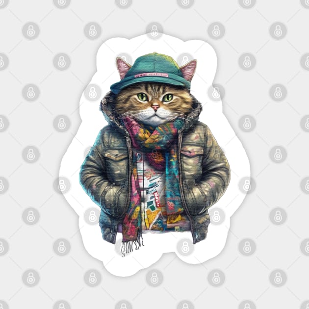 cute street cat wearing a jacket and hat Magnet by JnS Merch Store