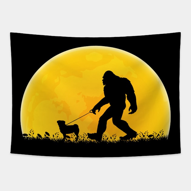 Bigfoot Walking Pug Dog Moon Sasquatch Tapestry by ChrifBouglas