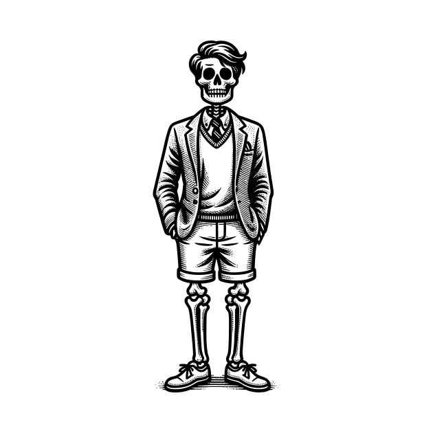 Preppy Skeleton - Black and White Line Drawing by Quirk Print Studios 