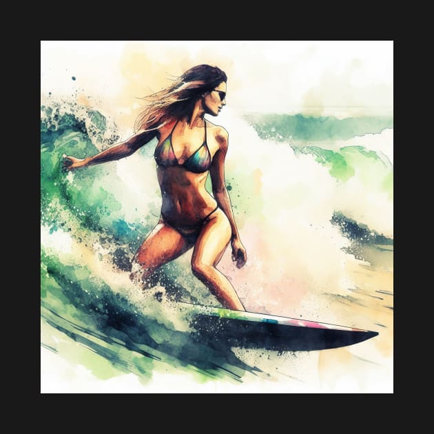 Woman surfing in a bikini by WelshDesigns