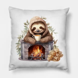 Christmas Sloth Drinking Coffee At Fireplace Pillow