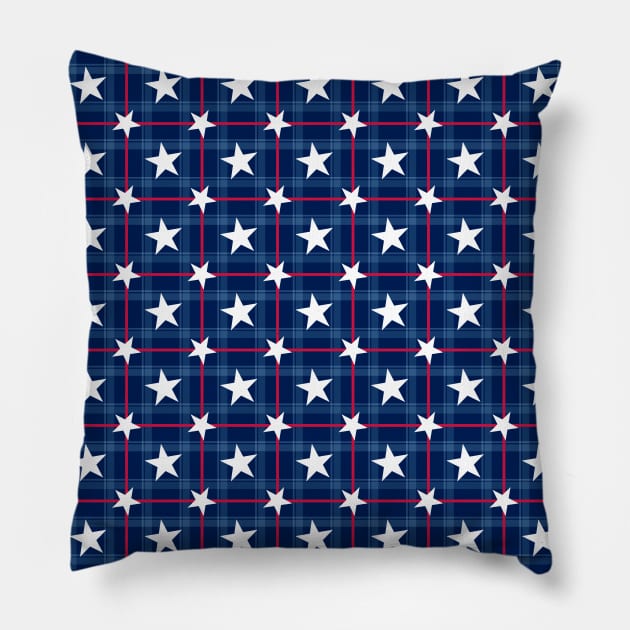 Red White & Blue Plaid White Stars Patriotic Pillow by misook