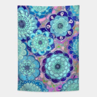 Radiant Cyan & Purple Stained Glass Floral Mandalas Tapestry