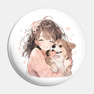 Cute Manga Girl Cuddling Puppy Pin