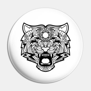 Tiger Fierce Scary Fangs Mandala Black and White Brave Warrior Pin