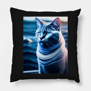 British Shorthair Cat Relaxes on a Winter Cruise Pillow