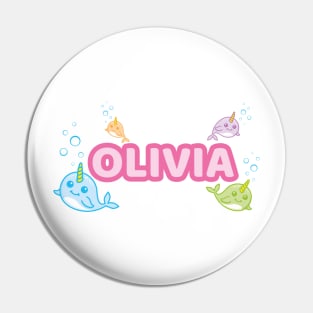 Personalised 'Olivia' Narwhal (Sea Unicorn) Design Pin