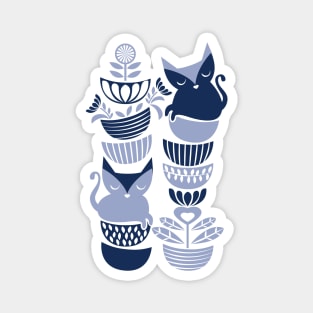 Swedish folk cats III // pale and navy blue kitties and bowls Magnet