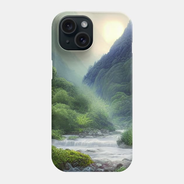 Beautiful Digital Painting With a Running River Near Mountains Phone Case by Promen Art